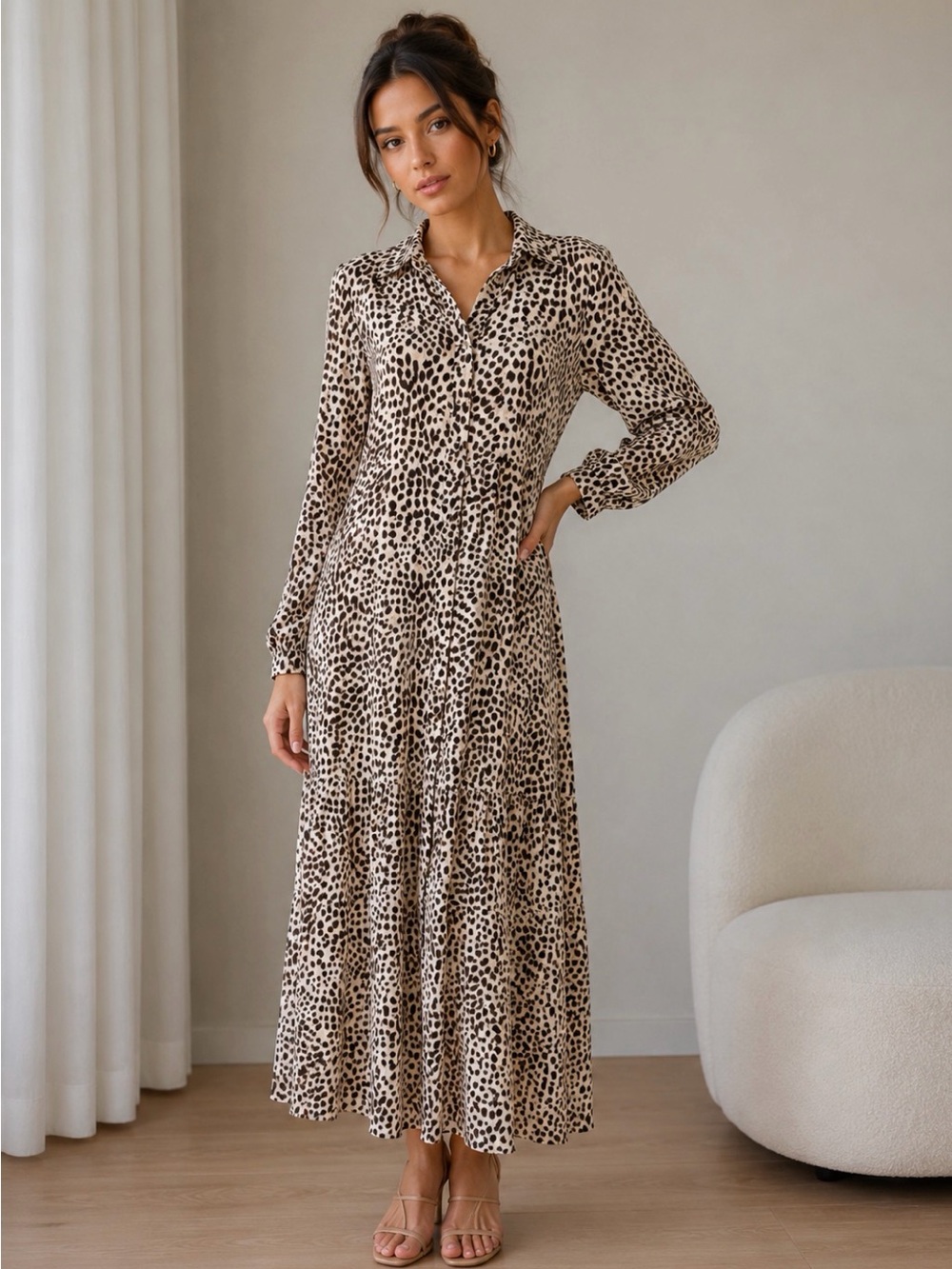 H&M Black and Cream Leopard Print Long Sleeve Dress